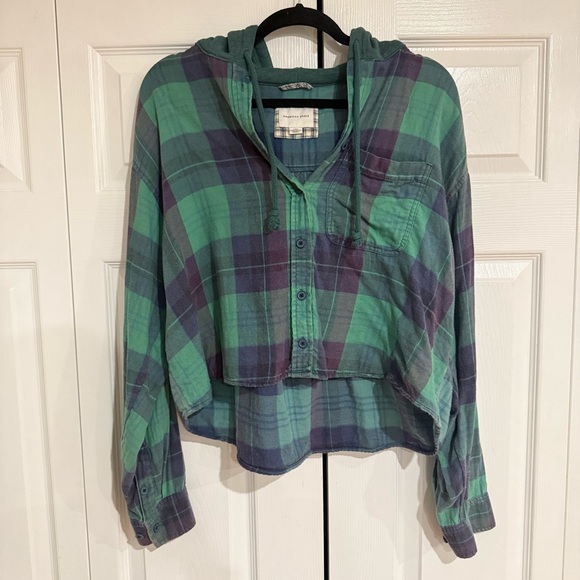 American Eagle Cropped Flannel Shirt Hoodie, Green + Navy Blue, Size Large - Picture 7 of 10